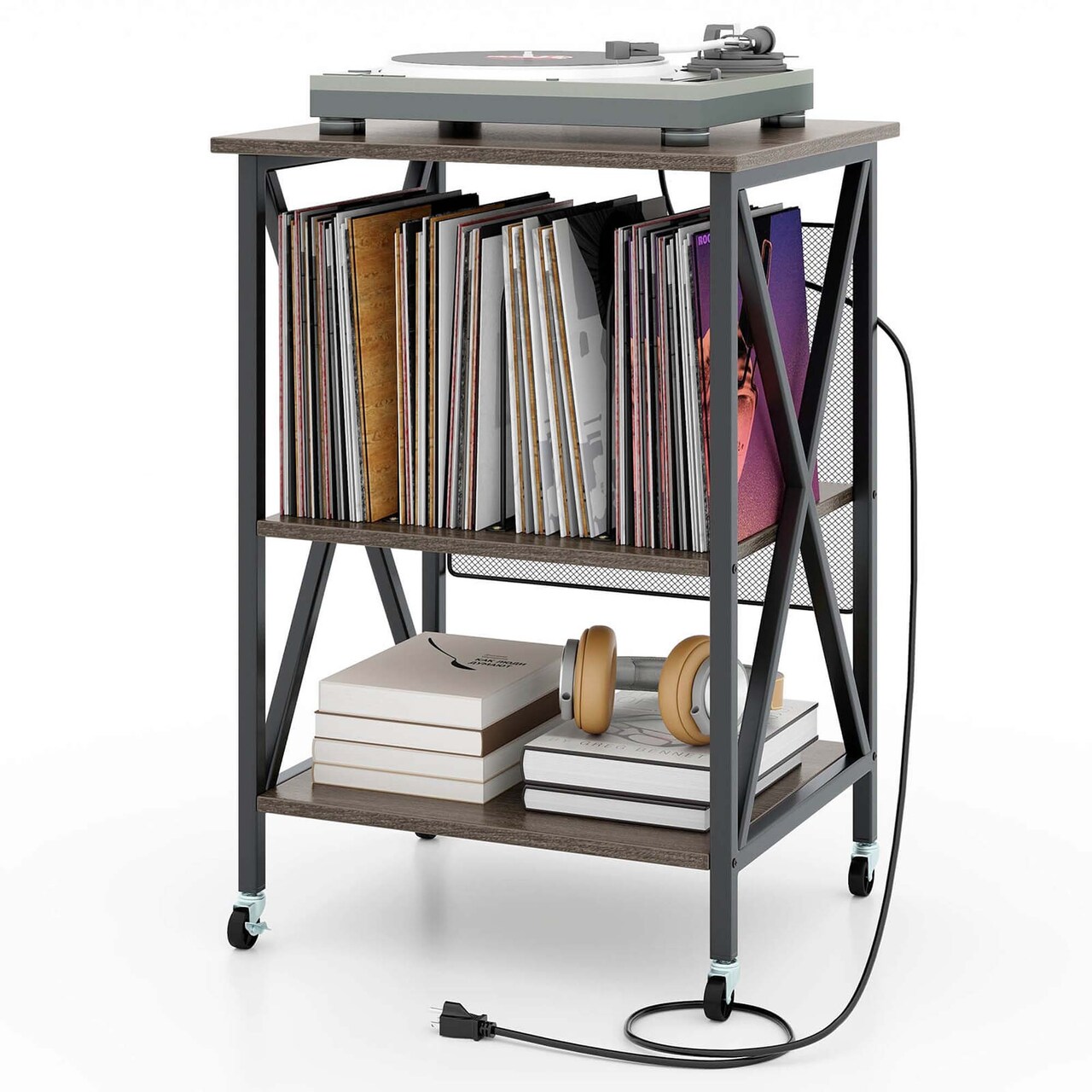 Costway Record Player Stand Vinyl Record Storage Table Holds Up to 120 Vinyl Records Grey/Coffee